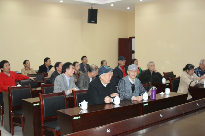 退休老干部在公司会议室观看梦想微焰火视频